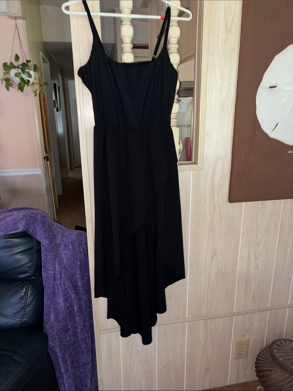 Black Asymmetrical Hem Spaghetti Strap dress. Halara.
